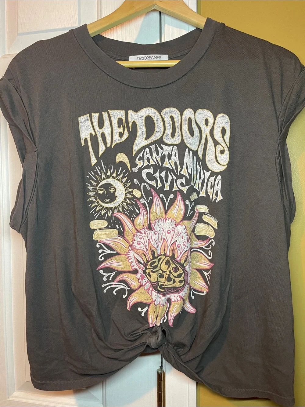Free People Black Graphic Short Sleeve Tee with Pink & Yellow Sunflower